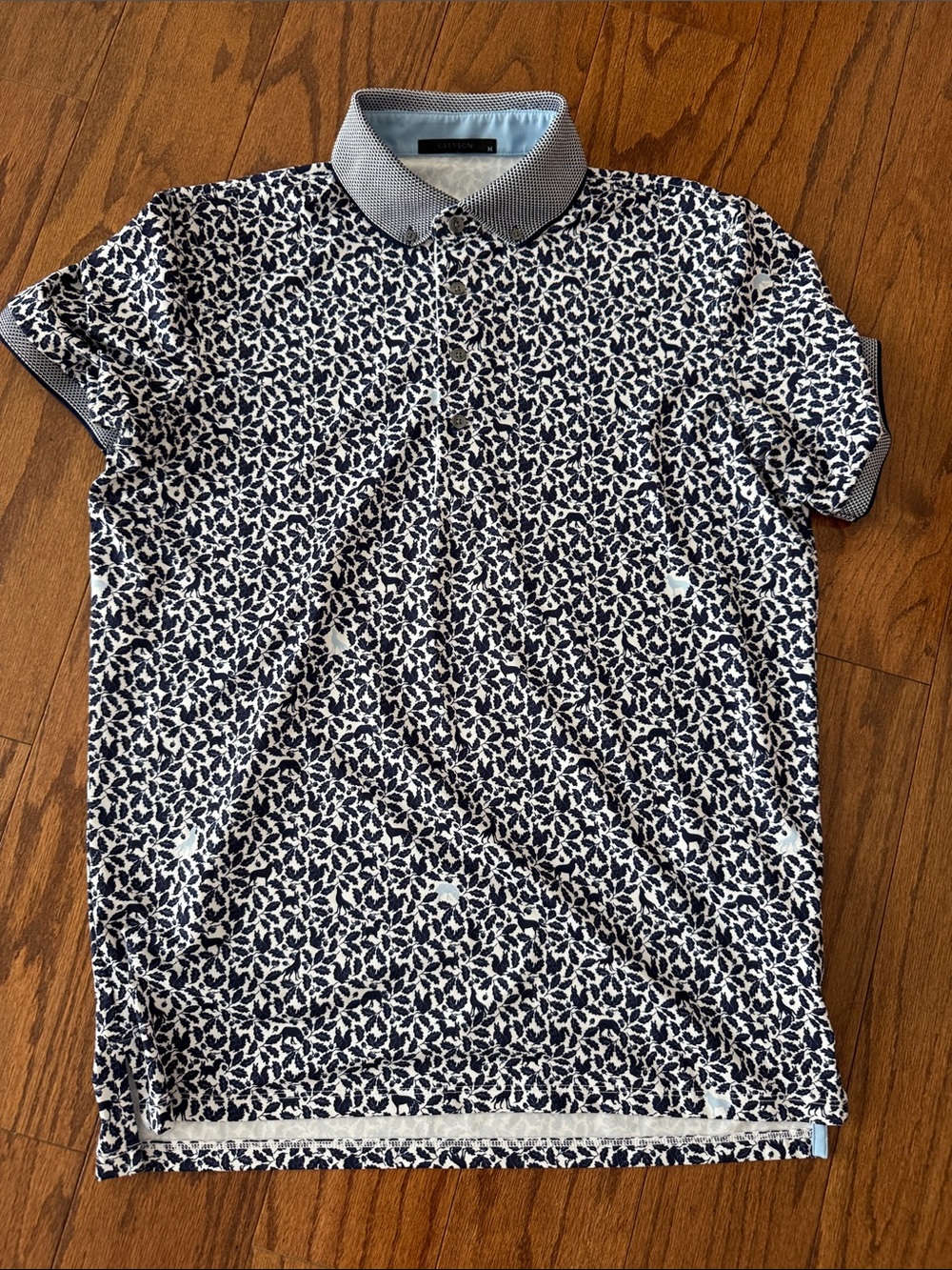 Greyson Navy and White Leaf-Print Polo